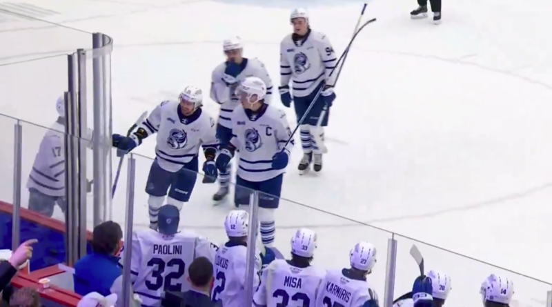 Mississauga Steelheads celebrate after scoring a goal against the Sudbury Wolves in OHL Playoff action on April 3, 2024 (source: X / @OHLSteelheads)